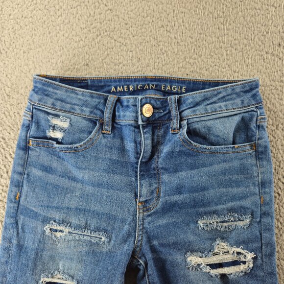 American Eagle Jeans Womens 6 Blue Hi Rise Jegging Crop Super Stretch Distressed - Picture 2 of 16